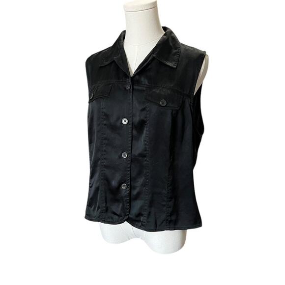 VTG 90s Sophisticates Washed Black Silk Button Up Sleeveless Collared Vest Top L - Picture 4 of 8